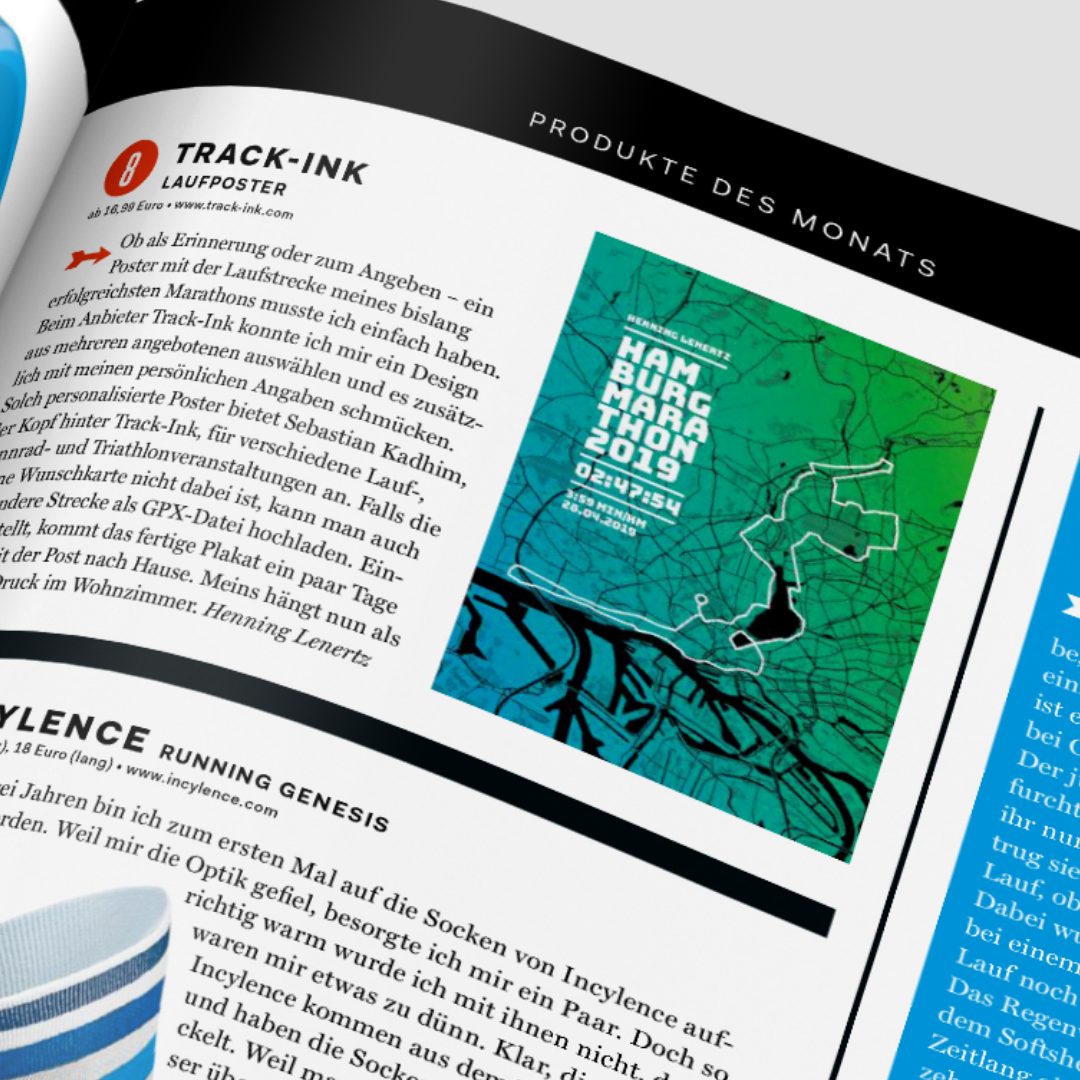 Runner's World 07/2019, Rubrik Produkte des Monats mit dem Track-Ink Laufposter vom Hamburg Marathon 2019