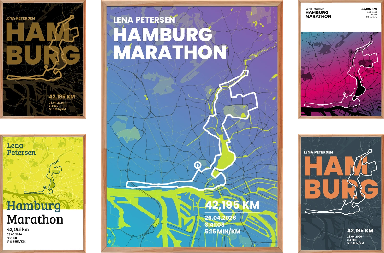 Fünf Track-Ink Poster vom Hamburg Marathon in Holzrahmen